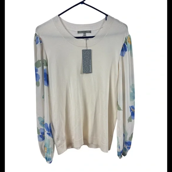 NWT Daniel Rainn Floral Puff Sleeve Mixed Media Sweater size large - Picture 2 of 7